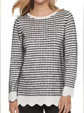 Elle Black & White Striped Scallop-Hem Crewneck Sweater